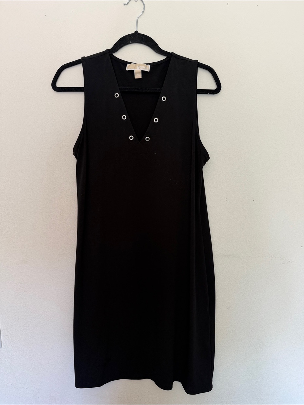 Michael Kors Black Sleeveless V-Neck Shift Dress with Eyelet Detail